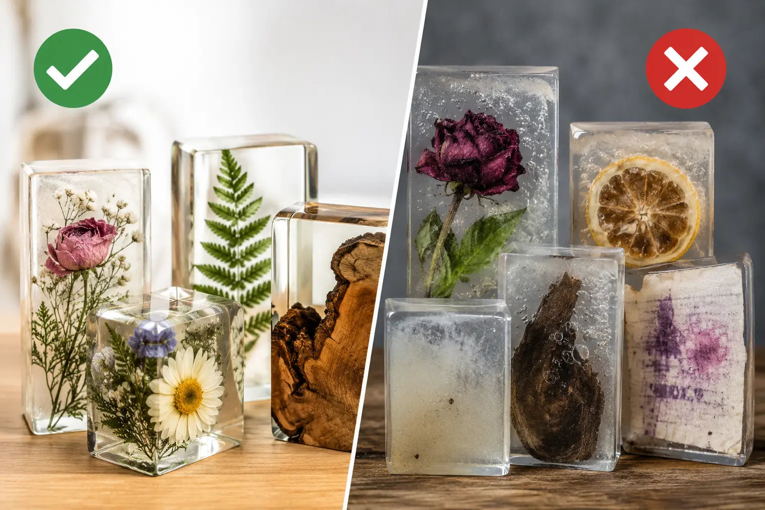 Examples of objects you should and should not put in epoxy resin, including dried flowers, wood, fresh flowers, citrus, and other organic materials.
