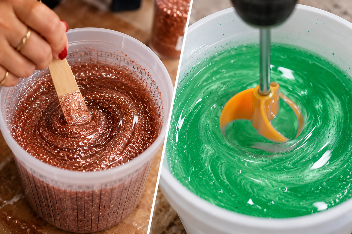 hand mixing epoxy resin with a stir stick to prevent excess air bubbles