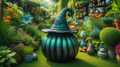 whimsical pumpkin teal and black cauldron epoxy resin garden figurine sitting in a green garden with other figurines.