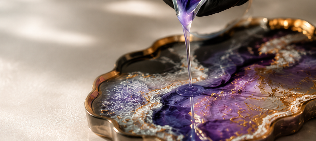 Epoxy resin being poured for a project, illustrating how to thin epoxy for easier flow.