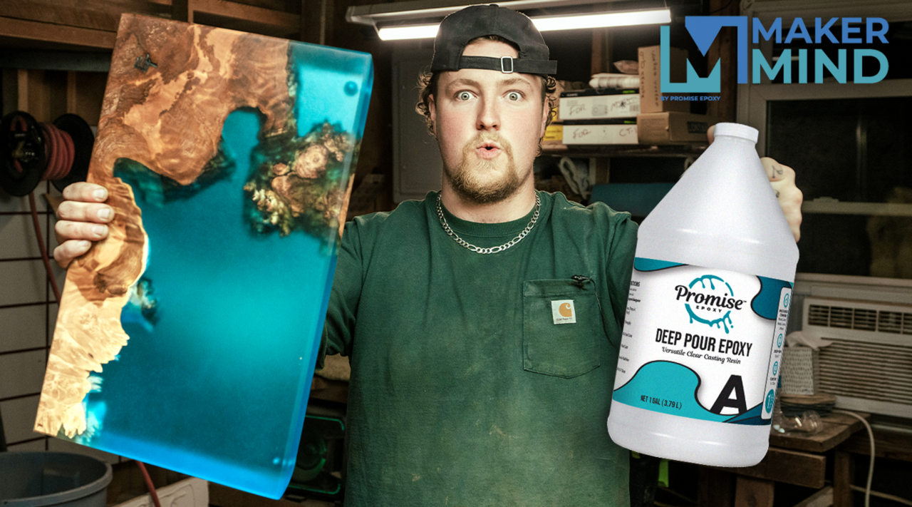 eli tomalka holding up his live edge charcuterie tray and a bottle of Promise Deep Pour Epoxy in his wood shop.