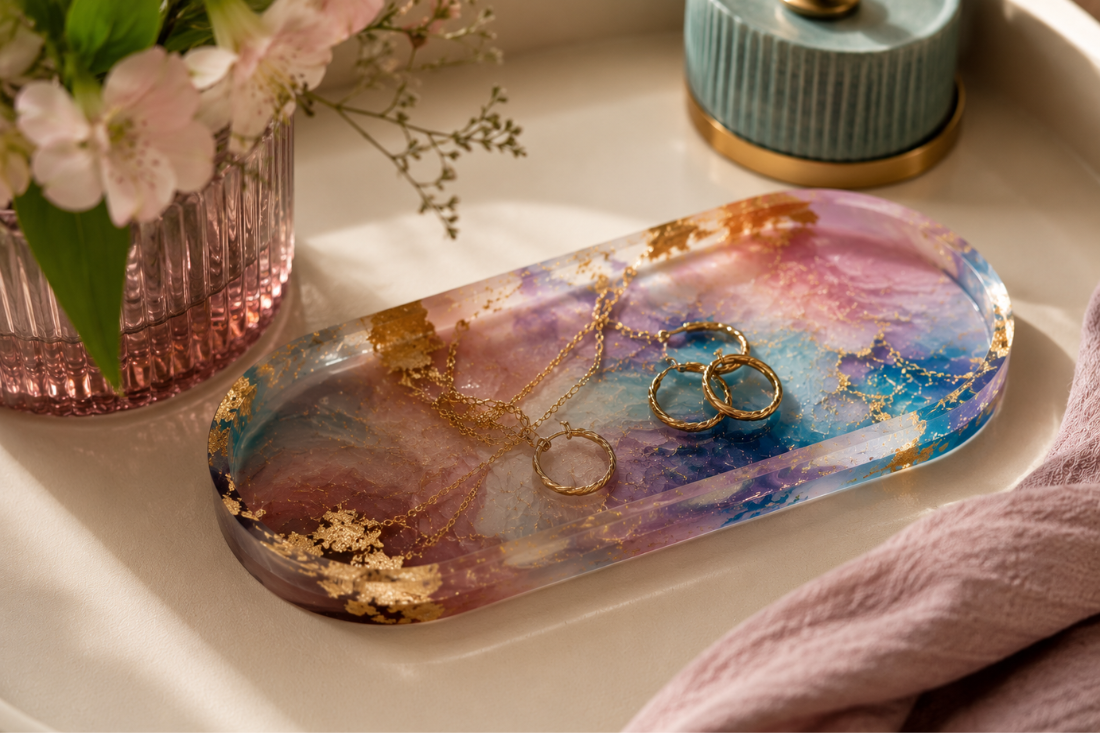 multicolor epoxy resin catch all tray sitting on a desk with flowers
