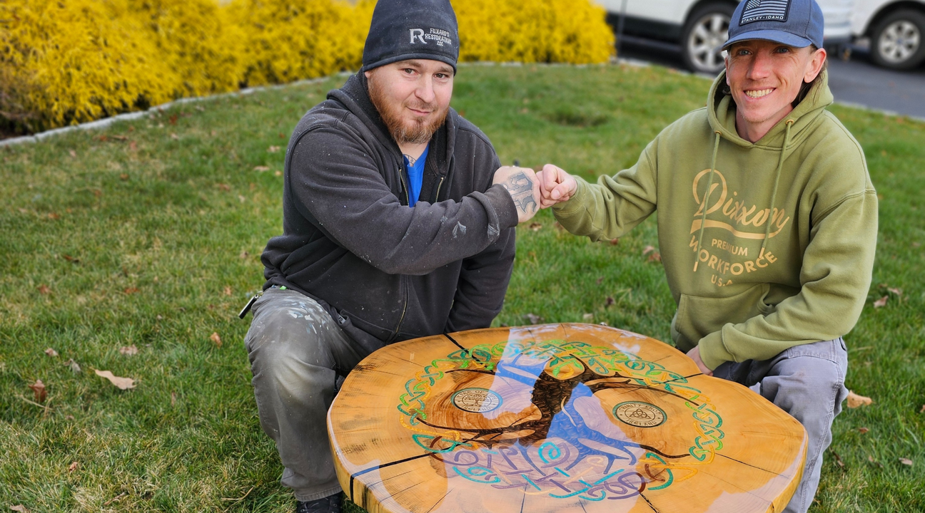 john sahlberg and friend from O'flynn Custom Creations fist pounding while kneeling in the grass behind their st. paddy's day themed epoxy table