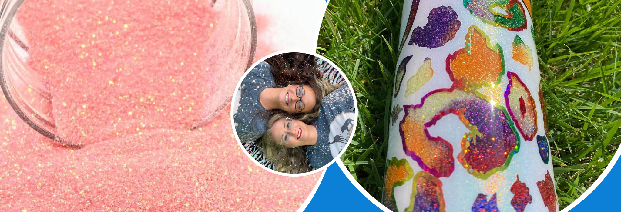 image of glitter zoo sisters brandi and toni laying on the grass with their heads next to each other with an epoxy tumbler to their right and a pink epoxy glitter to their left